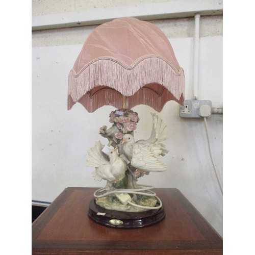 132 - DECORATIVE TABLE-LAMP, WITH CERAMIC TURTLE DOVE BASE. FROM THE JULIANA COLLECTION. PINK FRINGED SHAD... 