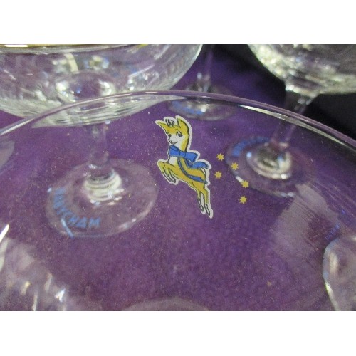 156 - 9 X VINTAGE BABYCHAM GLASSES. 6 WITH GILT RIMS.