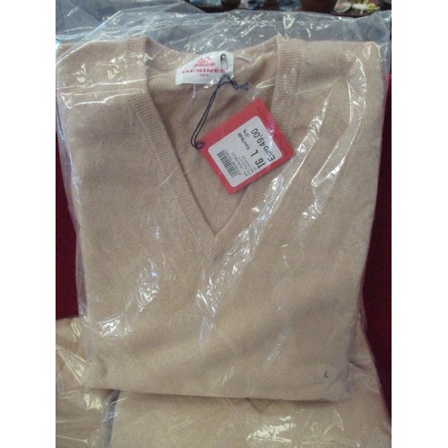 168 - 3 BRAND NEW ITALIAN V NECK JUMPERS. CAMEL COLOUR. SIZE LARGE.