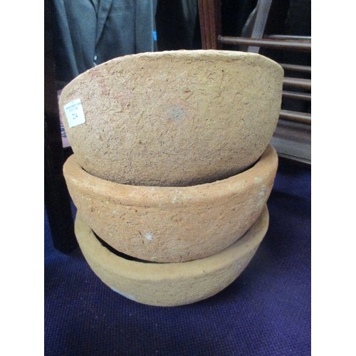 214 - 3 X RUSTIC EGYPTIAN CLAY BOWLS. 26CM DIAM.