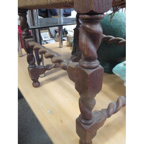 220 - VINTAGE OAK BARLEY-TWIST STOOL, WITH WOVEN STRING TOP. 45 X 35 X 43CM