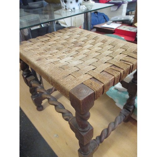 220 - VINTAGE OAK BARLEY-TWIST STOOL, WITH WOVEN STRING TOP. 45 X 35 X 43CM