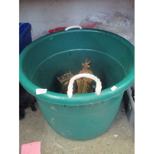 145 - LARGE TUFF-TUB/ FEEDING BUCKET WITH ROPE HANDLES. CONTAINS MIXED LOT, A HEAD OF A WOMAN, VINTAGE OIL... 