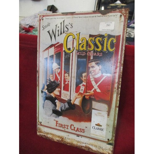 283 - 2 X VINTAGE CIRCA 1970'S, WILLS'S CIGARS TIN ADVERTISING SIGNS. 26 X 46CM.