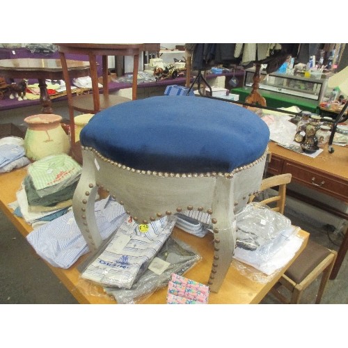 293 - LARGE DRESSING ROOM STOOL. DISTRESSED SILVER PAINTED WITH STUD DETAIL, WITH NAVY VELVET UPHOLSTERED ... 