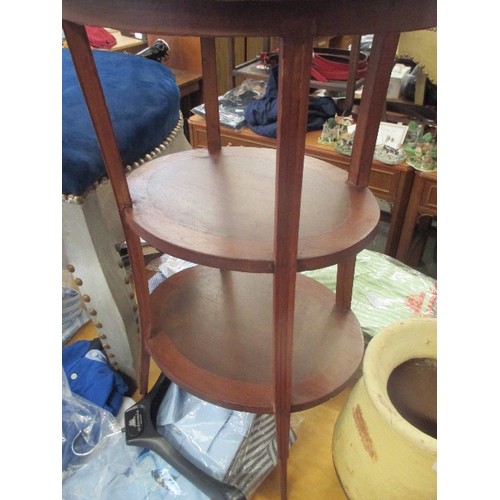 300 - 3 TIER OVAL SIDE TABLE, IN MAHOGANY, AND BURR WOOD VENEER.