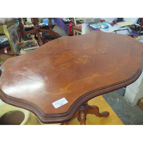 301 - MAHOGANY SIDE TABLE, WITH MARQUETRY. TOP IS 80 X 50CM