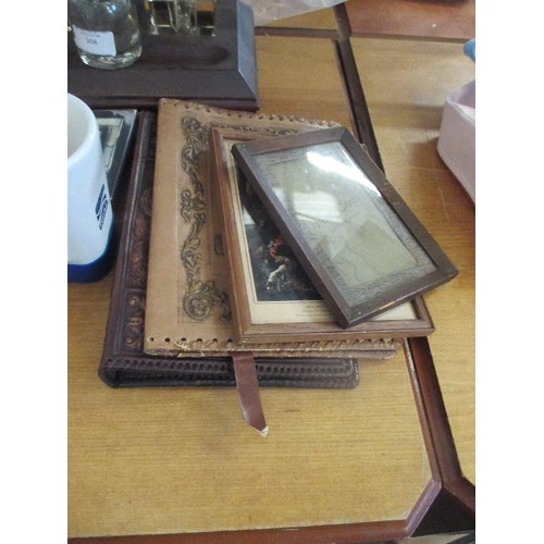 307 - MIXED LOT, INCLUDING. 2 X VINTAGE EMBOSSED LEATHER BOOK COVERS. PHOTOGRAPH FRAMES, & WOODEN PEN CASE... 