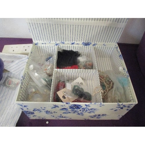 118 - BOX OF COSTUME JEWELLERY, INCLUDES PEARLS, ALSO JEWELLERY MAKING BEADS AND WIRES.