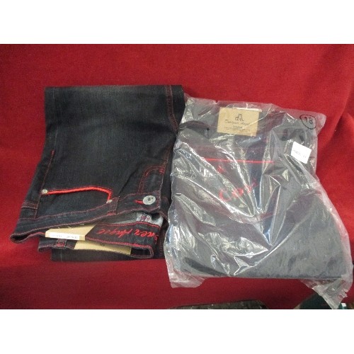 122 - 2 PAIRS OF BRAND-NEW ITALIAN LADIES HIPSTER-SKINNY JEANS, BOTH BLACK WITH RED PIPING. 30 LEG/ UK 16,... 