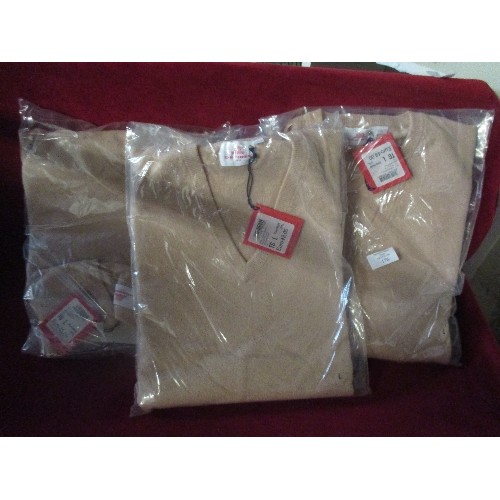 176 - 3 X BRAND-NEW V-NECK WOOL JUMPERS. CAMEL COLOUR. SIZE LARGE.