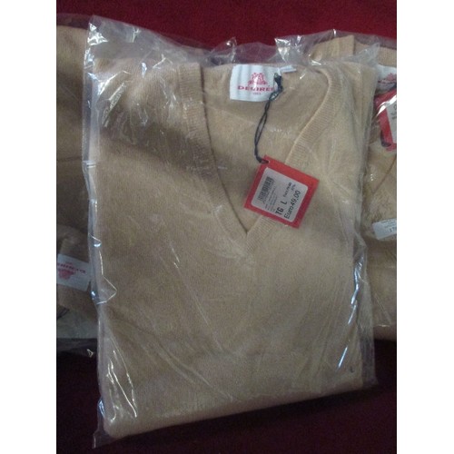 176 - 3 X BRAND-NEW V-NECK WOOL JUMPERS. CAMEL COLOUR. SIZE LARGE.