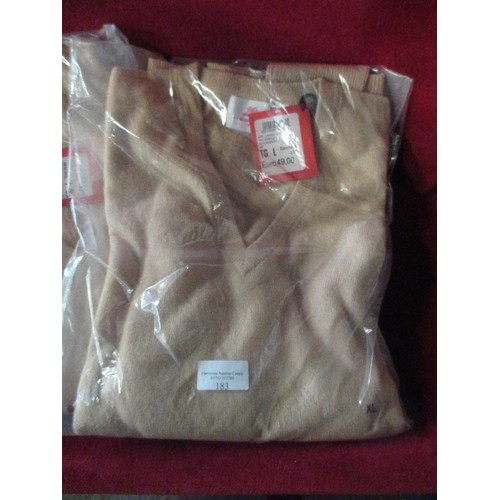 183 - 3 X BRAND- NEW ITALIAN DESIGNER V-NECK JUMPERS, CAMEL COLOUR. SIZE LARGE.