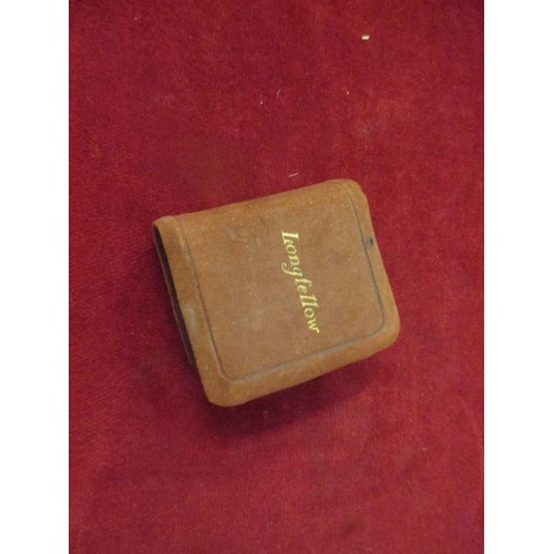 313 - BOX OF VINTAGE ITEMS, INCLUDES MINIATURE LONGFELLOW BOOK WITH LEATHER COVER, PLATED WINE POURER, POC... 