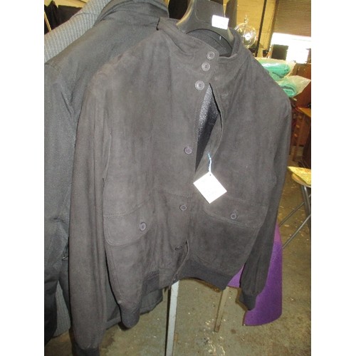 198 - BRAND- NEW ITALIAN DESIGNER BOMBER JACKET BY DESIREE. IN BLACK REAL SUEDE, 40