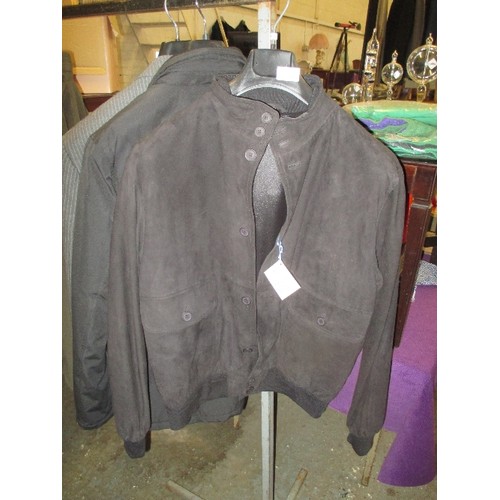 198 - BRAND- NEW ITALIAN DESIGNER BOMBER JACKET BY DESIREE. IN BLACK REAL SUEDE, 40