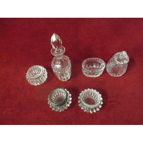 3 - CUT GLASS MUSTARD POT, CUT GLASS SCENT BOTTLE, AND FOUR OPEN SALTS, ONE WITH SILVER RIM