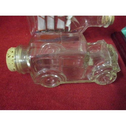 4 - CAR BOTTLE DECANTER, SHIP IN A BOTTLE AND A GLASS PYRAMID