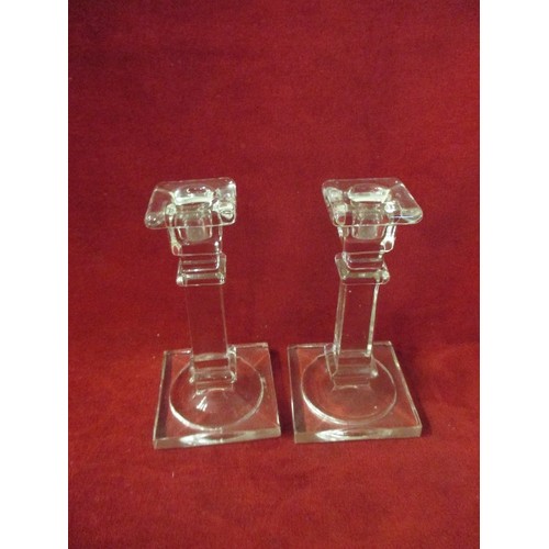 15 - PAIR OF PRESSED GLASS CANDLESTICKS AND A FURTHER CRYSTAL CANDLESTICK