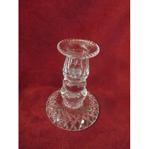 15 - PAIR OF PRESSED GLASS CANDLESTICKS AND A FURTHER CRYSTAL CANDLESTICK