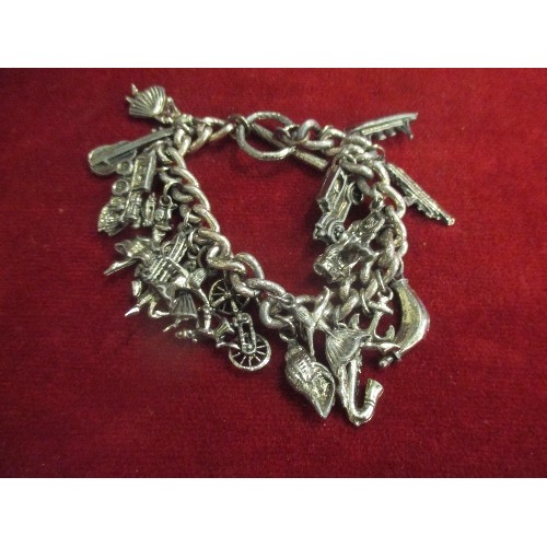 21 - HEAVY SILVER METAL CHARM BRACELET WITH CHARMS OF BALLERINA, VINTAGE CAR, STEAM TRAIN ETC