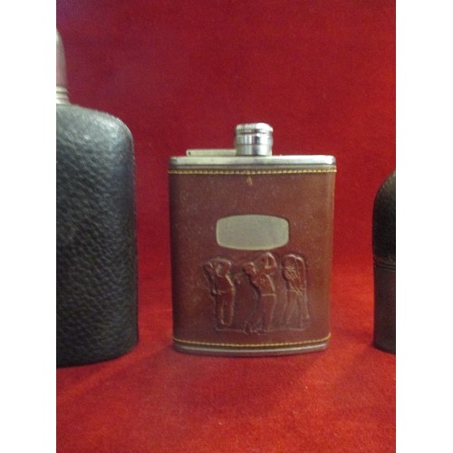 22 - THREE VINTAGE LEATHER COVERED SPIRIT FLASKS, THE LARGEST WITH STIRRUP CUP LID, A GOLFING ONE AND A B... 