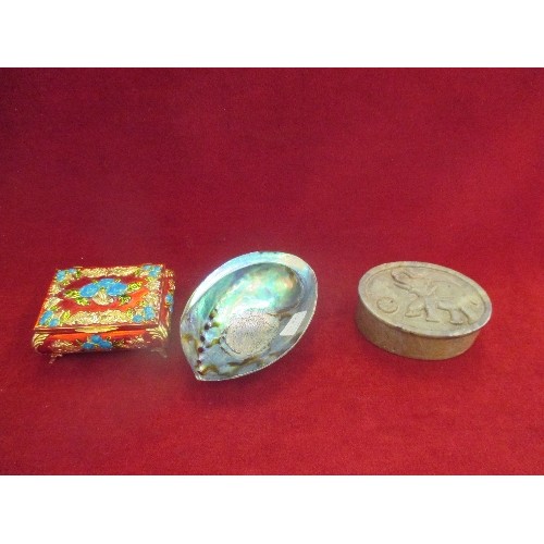 28 - METAL DECORATIVE TRINKET BOX, SOAPSTONE DISH WITH ELEPHANT DETAIL AND A PAUA SHELL