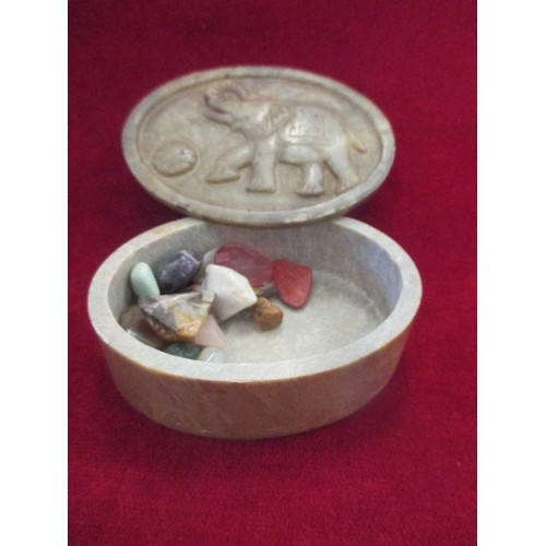 28 - METAL DECORATIVE TRINKET BOX, SOAPSTONE DISH WITH ELEPHANT DETAIL AND A PAUA SHELL