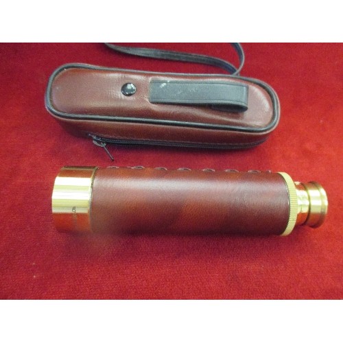 33 - TASCO BRASS AND LEATHER  TELESCOPE WITH LEATHER CASE AND A BRASS COMPASS