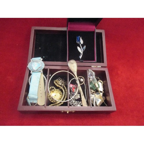 36 - MIXED BOX OF JEWELLERY - CHARM BRACELET, FLOWER BROOCH, SPOON ETC