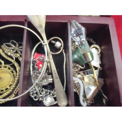 36 - MIXED BOX OF JEWELLERY - CHARM BRACELET, FLOWER BROOCH, SPOON ETC