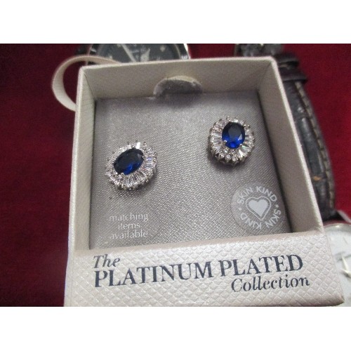 37 - LOVEY MIXED LOT - PLATINUM PLATED EARRINGS FAUX SAPPHIRES, DIAMOND TESTER, GOLD PLATED RING, RASHEEQ... 