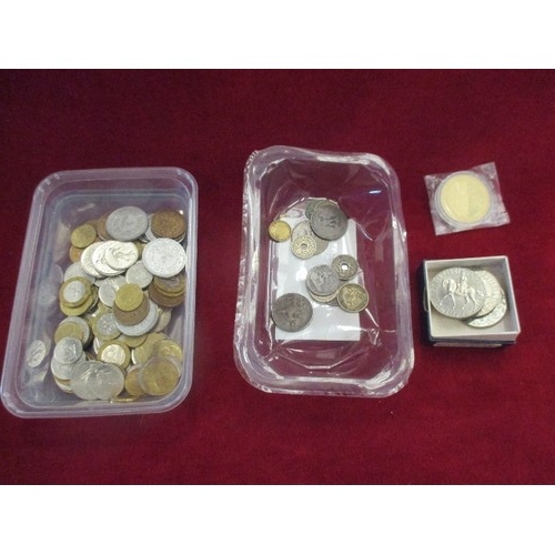 40 - 2  BOXES OF COINS -  4 X 1977 COMMEMORATIVE CROWNS, GOLD PLATED   TUTAN KHAMUN COIN ETC