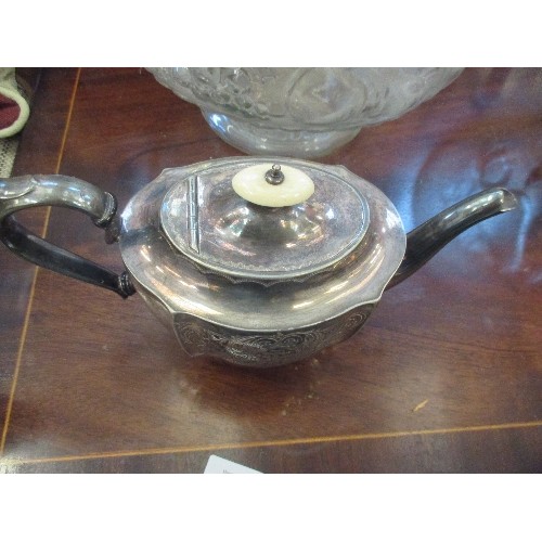 76 - EARLY 20TH CENTURY SILVER PLATED TEAPOT WITH INSCIPTION - BONE KNOB ON LID