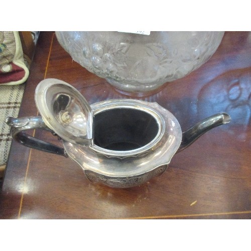 76 - EARLY 20TH CENTURY SILVER PLATED TEAPOT WITH INSCIPTION - BONE KNOB ON LID