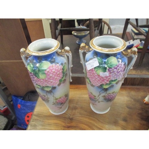 83 - PAIR OF CIRCA 1920'S JAPANESE HAND- PAINTED PORCELAIN VASES DECORATED WITH HYDRANGEAS - 28CM - NORIT... 