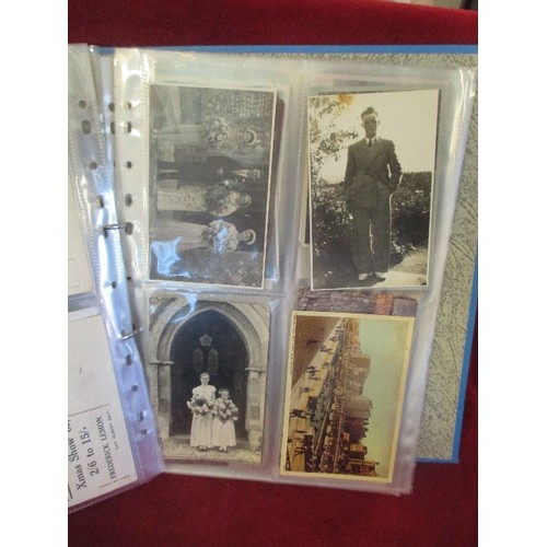 74 - FOLDER OF VINTAGE SEPIA, ENHANCED BLACK & WHITE, AND COMIC POSTCARDS. ALSO A 1950 SCHOOL REPORT FROM... 