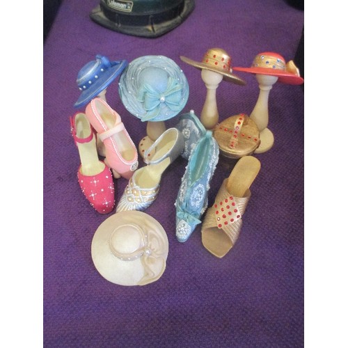 92 - CERAMIC SHOE AND HAT MINIATURES, 4 OF THE HATS HAVE STANDS.