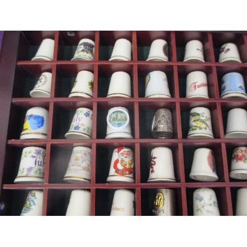 93 - COLLECTABLE THIMBLES X 72, IN A GLASS DISPLAY CABINET. CAN BE WALL MOUNTED.