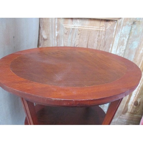 186 - OVAL THREE TIER SIDE TABLE IN MAHOGANY AND BURR WOOD VENEER - 47CM X 37CM X 74CM