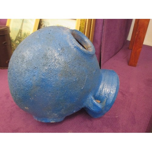 107 - RUSTIC EGYPTIAN ROUND BOTTOMED CLAY POT. 2 HANDLES. PAINTED BLUE. APPROX 28CM DIAM.