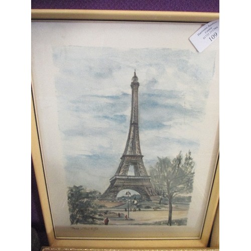 109 - PAIR OF OIL PAINTINGS ON CANVAS, SIGNED H FORD, AN EIFFEL TOWER PRINT AND SACRE COEUR PARIS PRINT