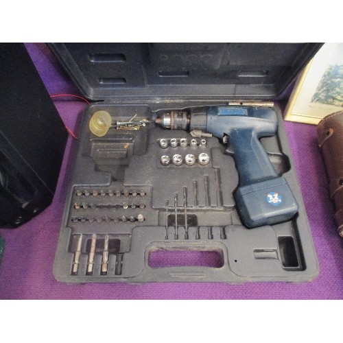 111 - BOSCH BATTERY POWERED SCREWDRIVER. PSR 120. IN CASE WITH CHARGER/ INSTRUCTIONS ETC. ALSO DRAPER CORD... 