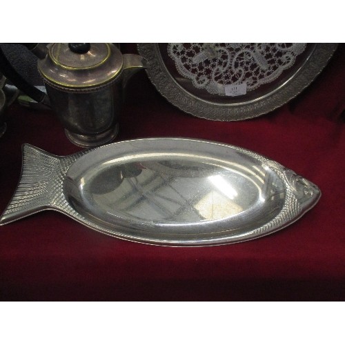 117 - VINTAGE METAL WARE INC AN ART DECO CHROME TRAY WITH BAKELITE DETAIL ON HANDLES, A PLATED VINERS TEAS... 