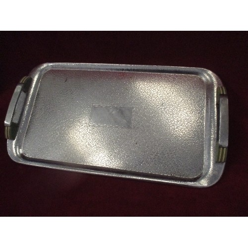 117 - VINTAGE METAL WARE INC AN ART DECO CHROME TRAY WITH BAKELITE DETAIL ON HANDLES, A PLATED VINERS TEAS... 