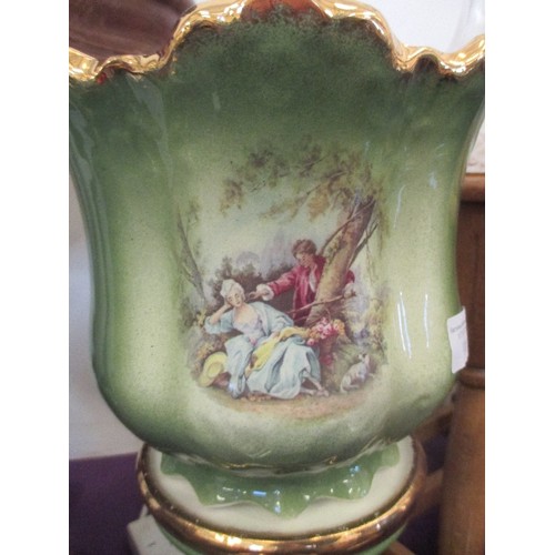 118 - GREEN/ CREAM STAFFORDSHIRE JARDINIERE ON STAND - TOTAL HEIGHT 52CM