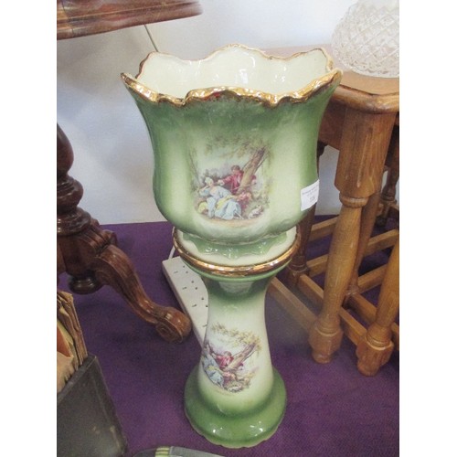 118 - GREEN/ CREAM STAFFORDSHIRE JARDINIERE ON STAND - TOTAL HEIGHT 52CM