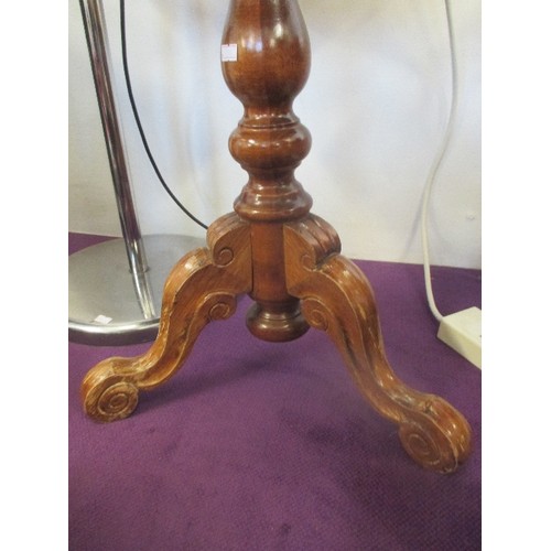 119 - SMALL CIRCULAR PEDESTAL TABLE. INLAID TOP NEEDS SOME REPAIR.