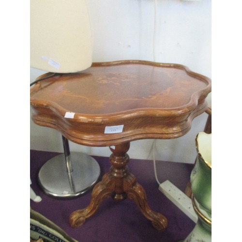 119 - SMALL CIRCULAR PEDESTAL TABLE. INLAID TOP NEEDS SOME REPAIR.