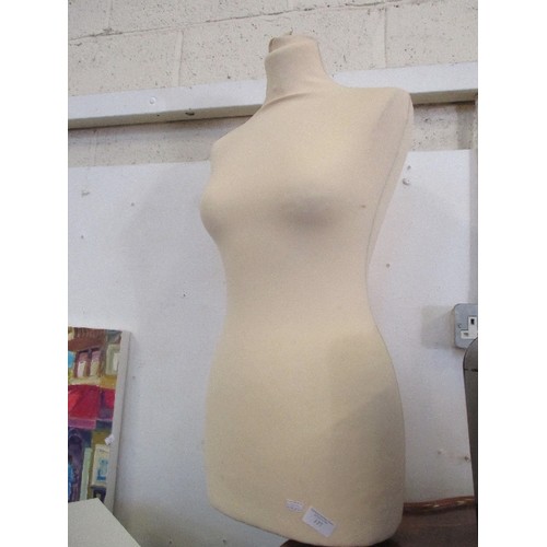 127 - DRESSMAKERS MANNEQUIN/DUMMY. CREAM FABRIC COVERED, ON CHROME STAND.